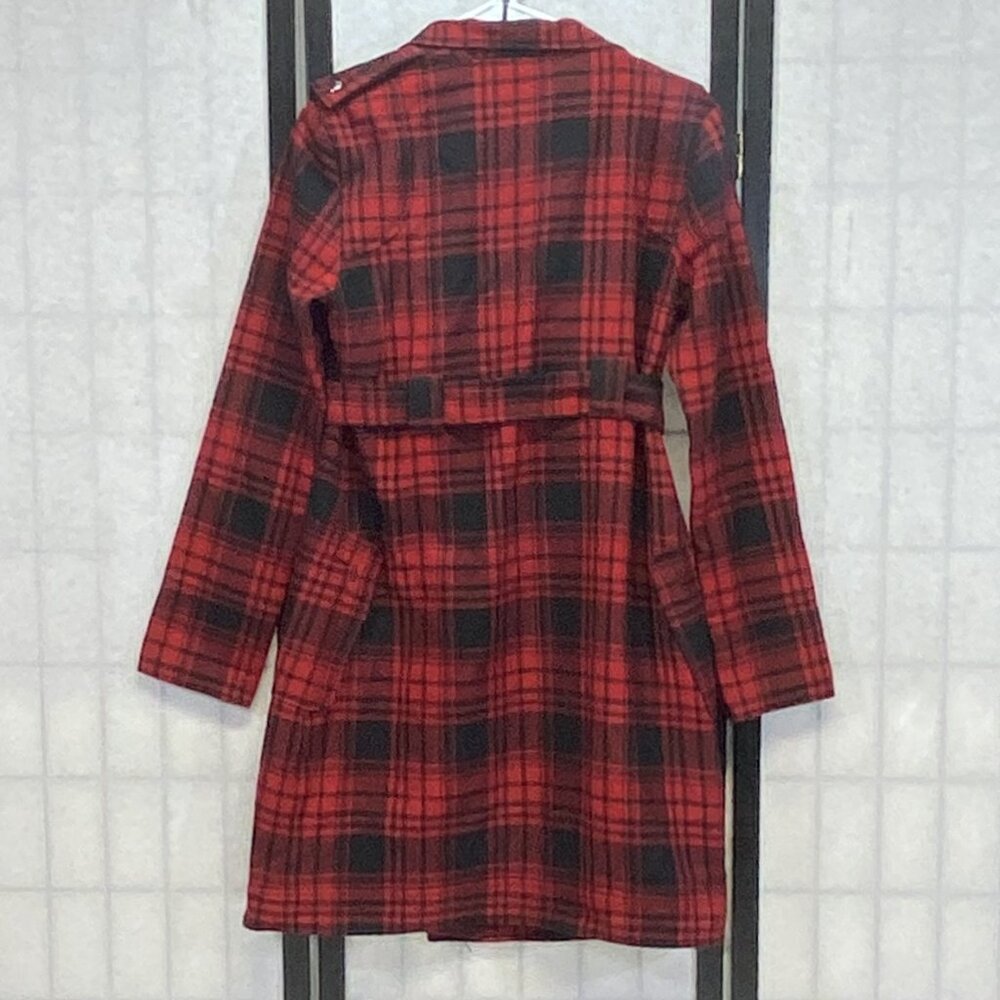 BB Dakota Plaid Wool Blend Long Trench Coat Red Black M Belted Full Zip Hi Neck - Picture 2 of 11